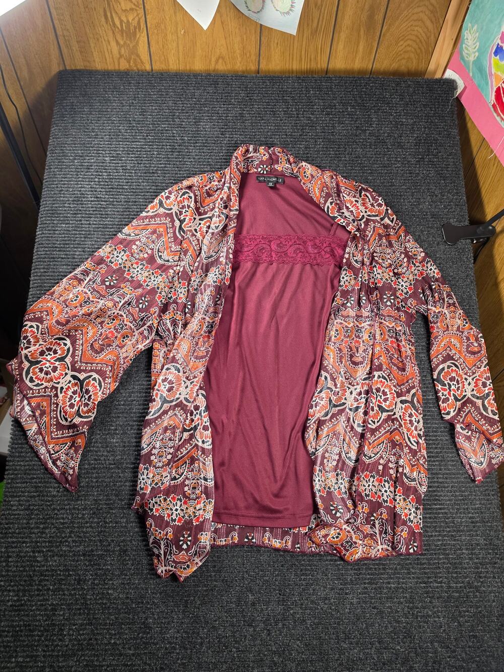 Sara Michelle 1X Burgundy Sheer Lace Cami Blouse